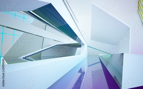 Abstract white and colored gradient glasses interior multilevel public space with window. 3D illustration and rendering.