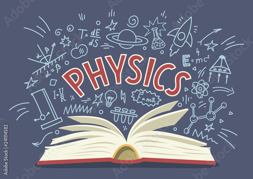Physics. Open book with doodles with lettering. 