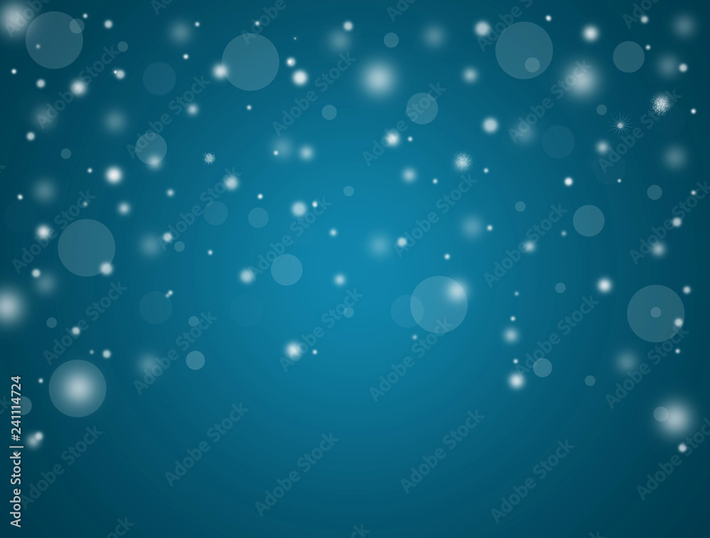  Blue abstract bright christmas background with reflections, bokeh and by snowflakes