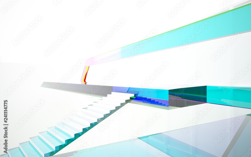 Fototapeta premium Abstract white and colored gradient glasses interior multilevel public space with window. 3D illustration and rendering.