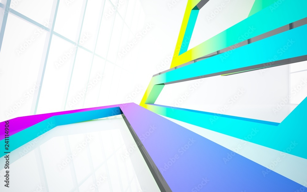 Fototapeta premium Abstract white and colored gradient interior multilevel public space with window. 3D illustration and rendering.