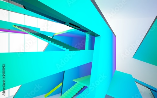 Abstract white and colored gradient  interior multilevel public space with window. 3D illustration and rendering.