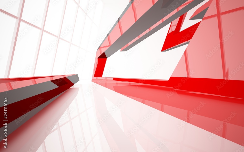 Abstract white and red gloss interior multilevel public space with window. 3D illustration and rendering.