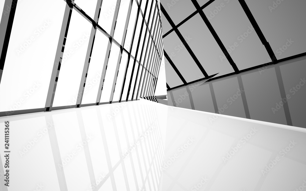 Abstract white and black interior multilevel public space with window. 3D illustration and rendering. Abstract white and black interior multilevel public space with window. 3D illustration and rendering.