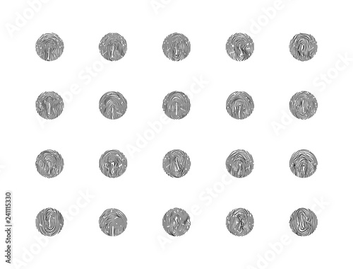 Vector finger prints. Set of 20 fingerprint icons isolated on write. Biometric technology for person identity. Security access authorization system. Electronic signature.