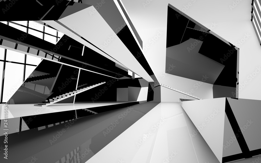 Abstract white and black interior multilevel public space with window. 3D illustration and rendering. Abstract white and black interior multilevel public space with window. 3D illustration and rendering.