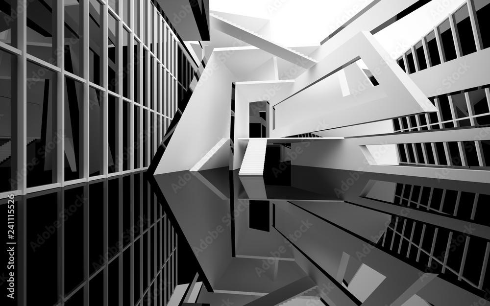 Abstract white and black interior multilevel public space with window. 3D illustration and rendering.