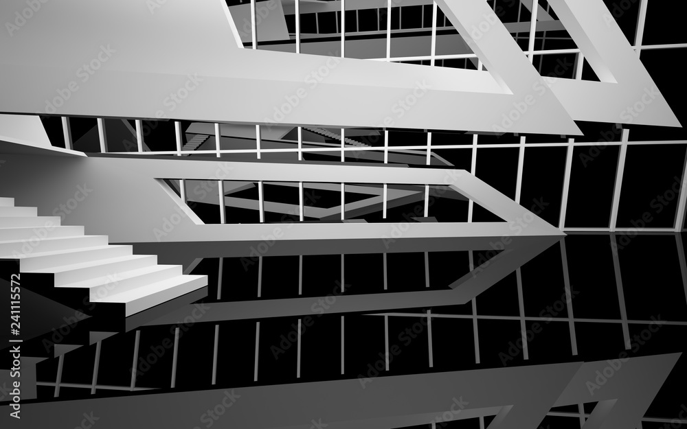 Abstract white and black interior multilevel public space with window. 3D illustration and rendering. Abstract white and black interior multilevel public space with window. 3D illustration and rendering.