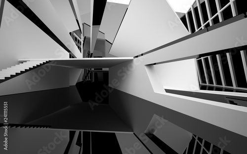 Abstract white and black interior multilevel public space with window. 3D illustration and rendering.