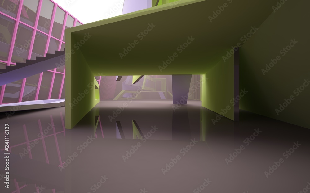 Fototapeta premium Abstract white and colored gradient parametric interiorwith window. 3D illustration and rendering.