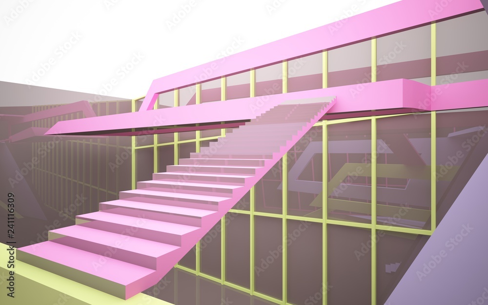 Naklejka premium Abstract white and colored gradient parametric interiorwith window. 3D illustration and rendering.