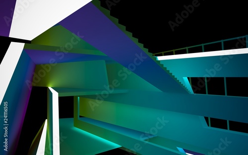 Abstract dynamic interior with gradient colored objects. 3D illustration and rendering