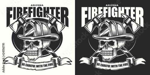 Original vector illustration. Skull in a fire helmet. Emblem on a dark and white background.