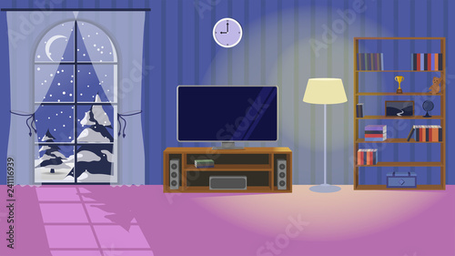 cozy living room with TV, floor lamp, and bookshelf