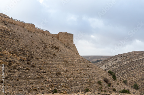 The remains of the medieval fortress Ash Shubak, standing on a hill near Al Jaya city in Jordan photo