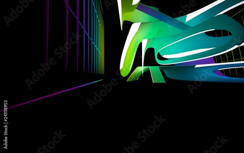 Obraz na plátně Abstract dark interior multilevel public space with neon lighting