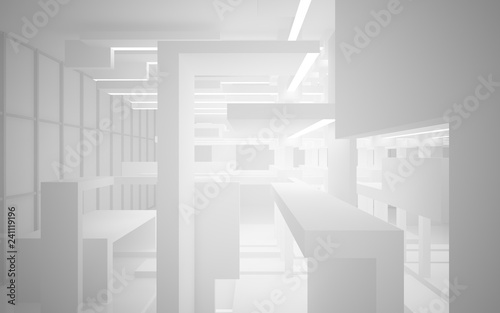 Abstract white interior of the future, with neon lighting. 3D illustration and rendering