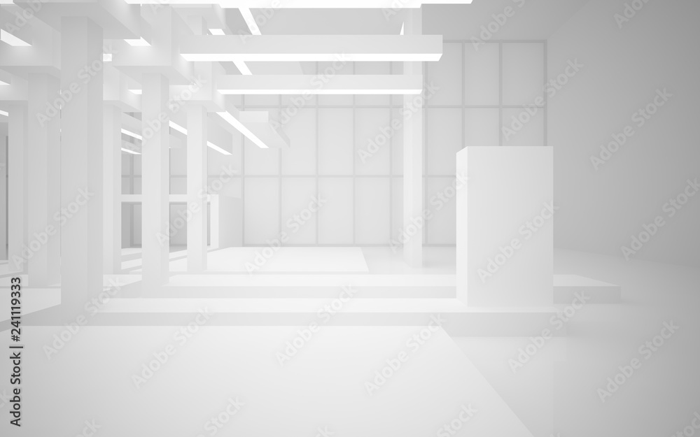 Fototapeta premium Abstract white interior of the future, with neon lighting. 3D illustration and rendering