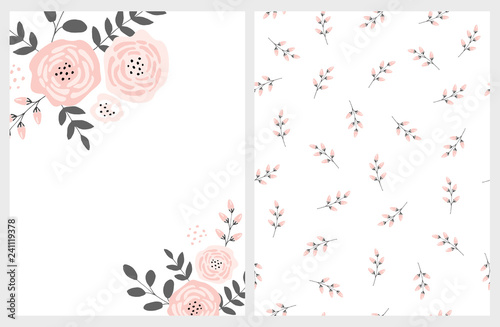 Lovely Pink Bouquet Vector Card and Floral Pattern. Pink Abstract Flowers Gray Twigs and Leaves. Infantile Style  Design. White Background. Funny Floral Art Set.