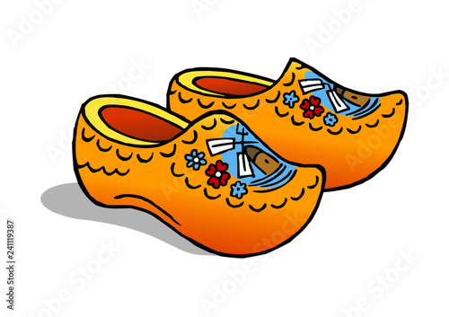 Holland traditional painted clogs with windmill and flowers clipart