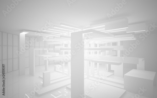 Abstract white interior of the future, with neon lighting. 3D illustration and rendering