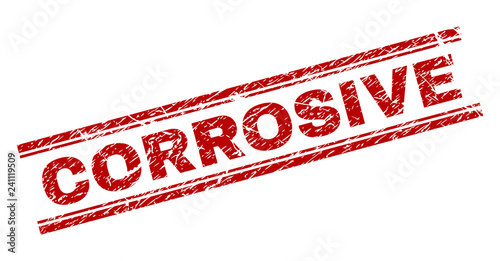 CORROSIVE seal watermark with corroded texture. Red vector rubber print of CORROSIVE title with unclean texture. Text label is placed between double parallel lines.