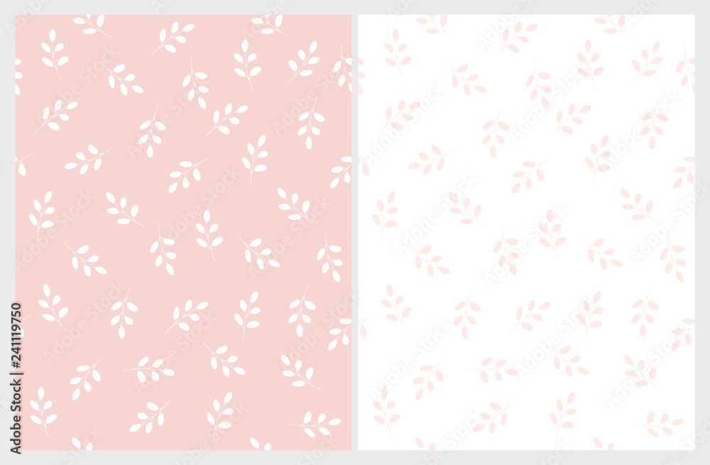 Bright Hand Drawn Leaves Vector Patterns. Light Pink and White Color Design. Floral Repeatable Patterns. Pastel Colors. Light Pink and White Background. Simple Abstract Twigs.