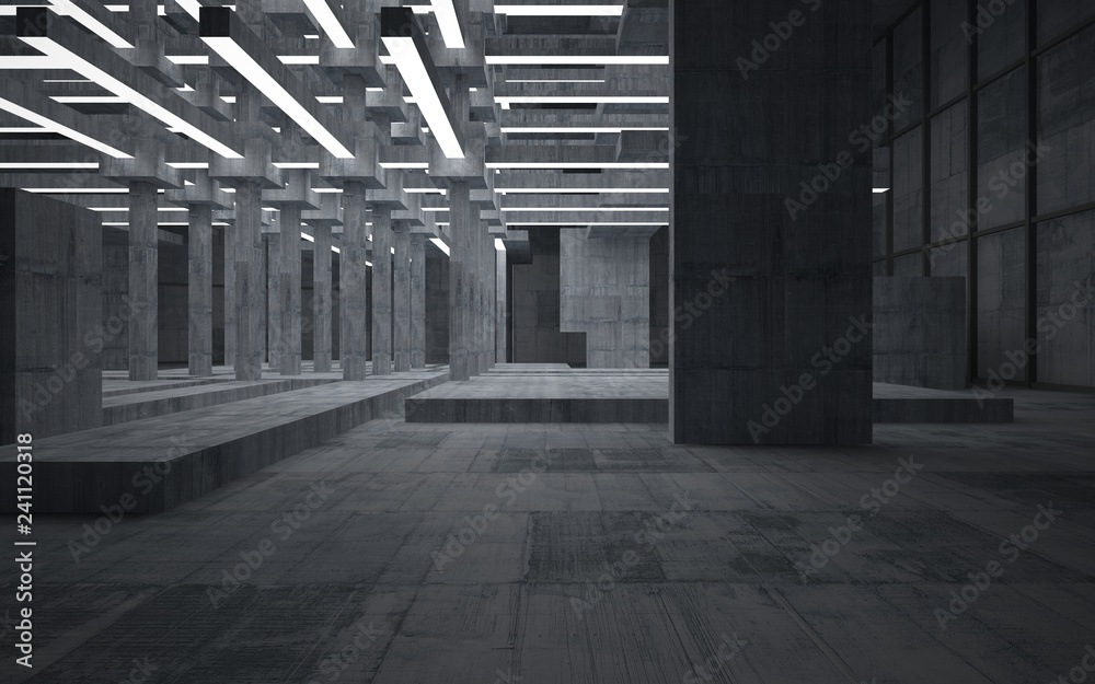 Abstract concrete interior with neon lighting. 3D illustration and rendering.