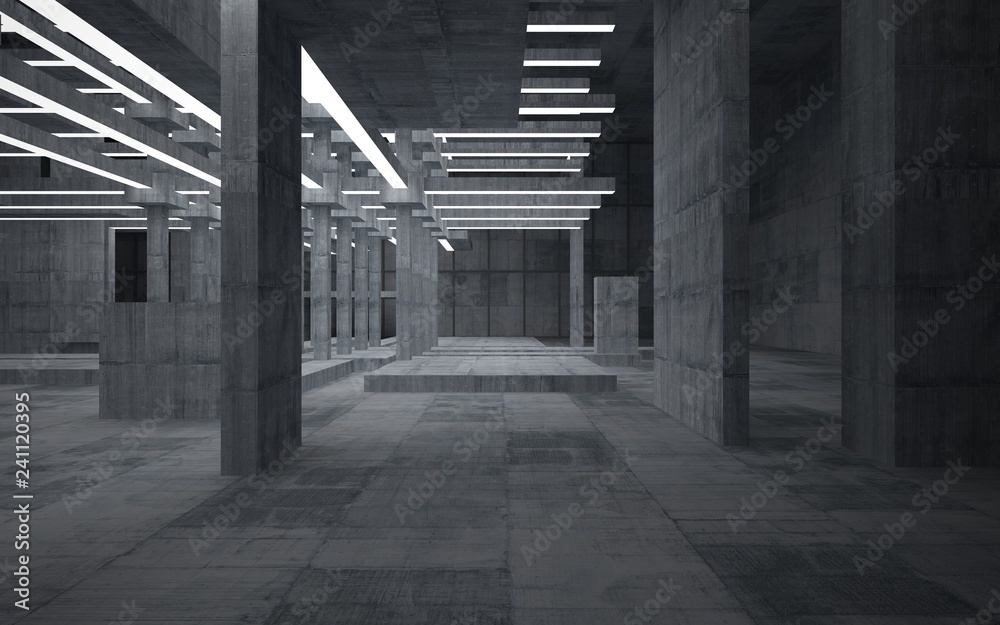 Abstract concrete interior with neon lighting. 3D illustration and rendering.