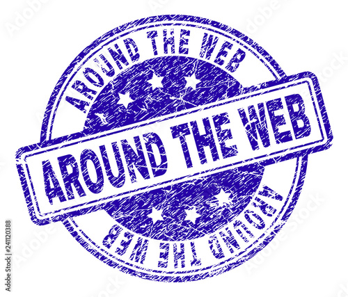 AROUND THE WEB stamp seal imprint with grunge texture. Designed with rounded rectangles and circles. Blue vector rubber print of AROUND THE WEB label with unclean texture.