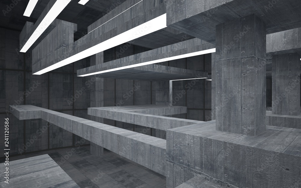 Abstract concrete interior with neon lighting. 3D illustration and rendering. Abstract concrete interior with neon lighting. 3D illustration and rendering.
