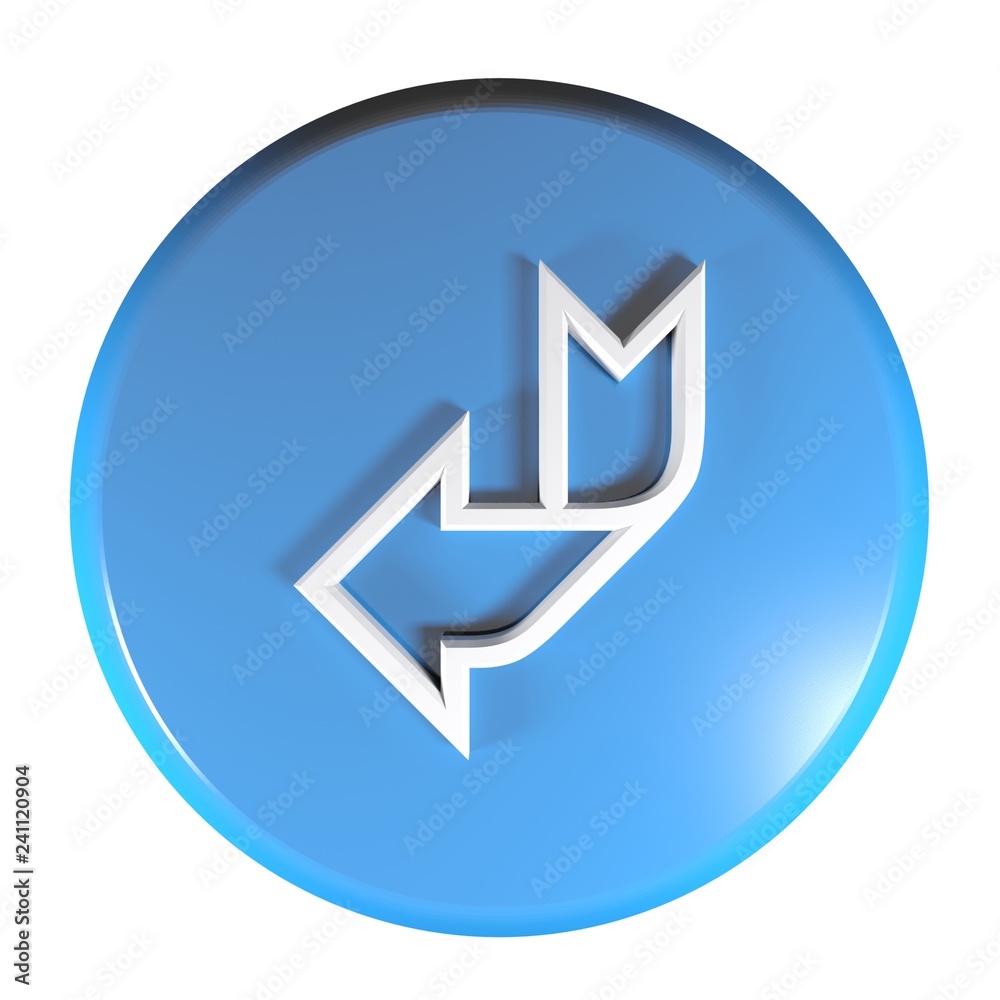 Blue circle push button arrow down and left - 3D rendering illustration Blue circle push button arrow down and left - 3D rendering illustration
