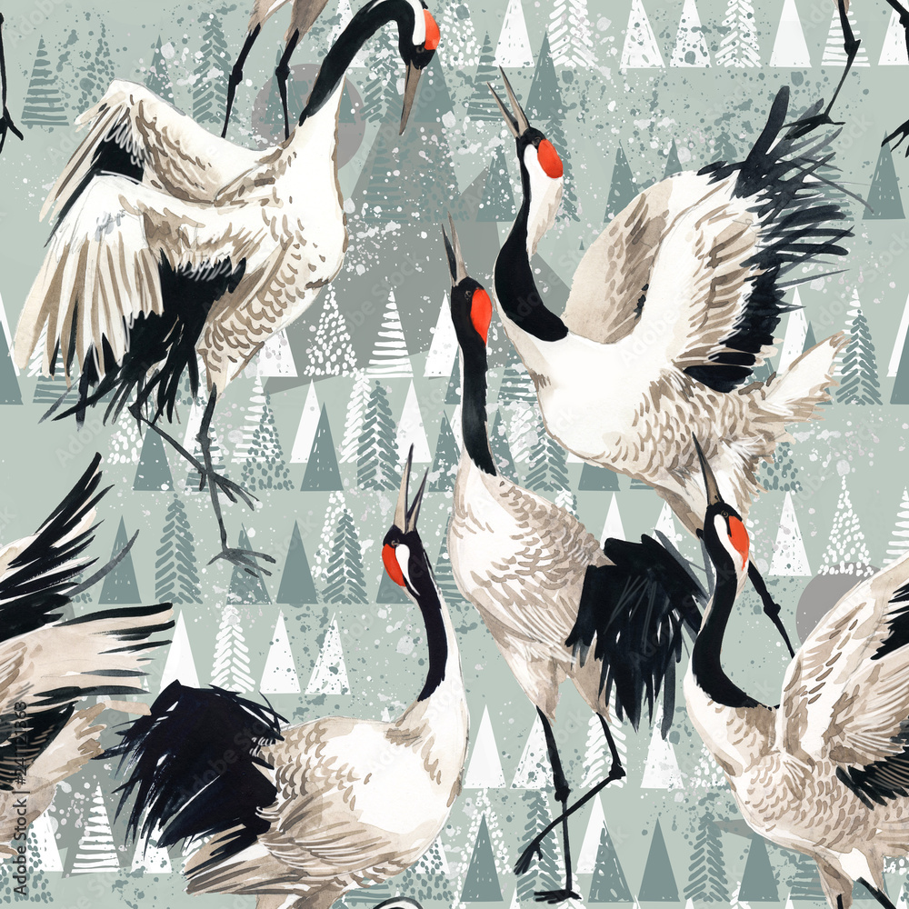 Fototapeta winter seamless background. crane bird. Arctic pattern. Polar nature watercolor illustration. North wildlife. wild animal.