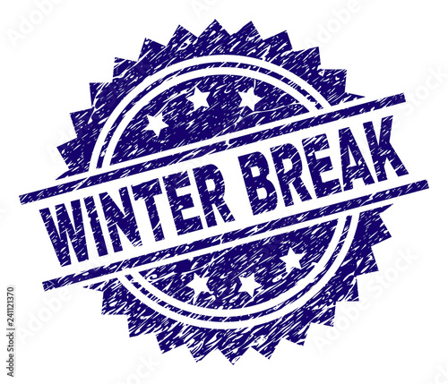 WINTER BREAK stamp seal watermark with distress style. Blue vector rubber print of WINTER BREAK tag with unclean texture.