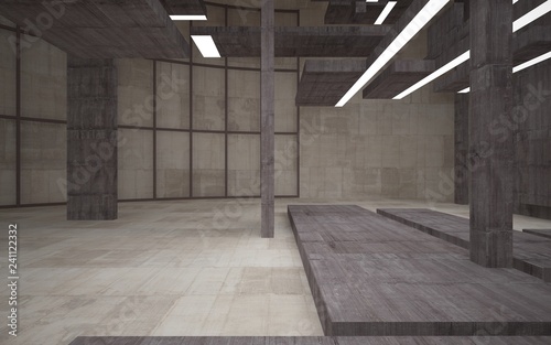 Abstract white and brown concrete parametric interior with window. 3D illustration and rendering.