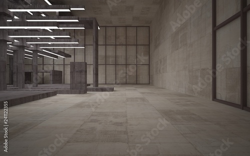 Abstract white and brown concrete parametric interior with window. 3D illustration and rendering.