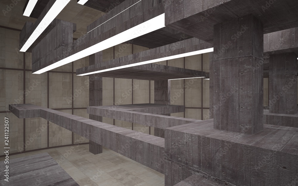 Abstract white and brown concrete parametric interior with window. 3D illustration and rendering. Abstract white and brown concrete parametric interior with window. 3D illustration and rendering.