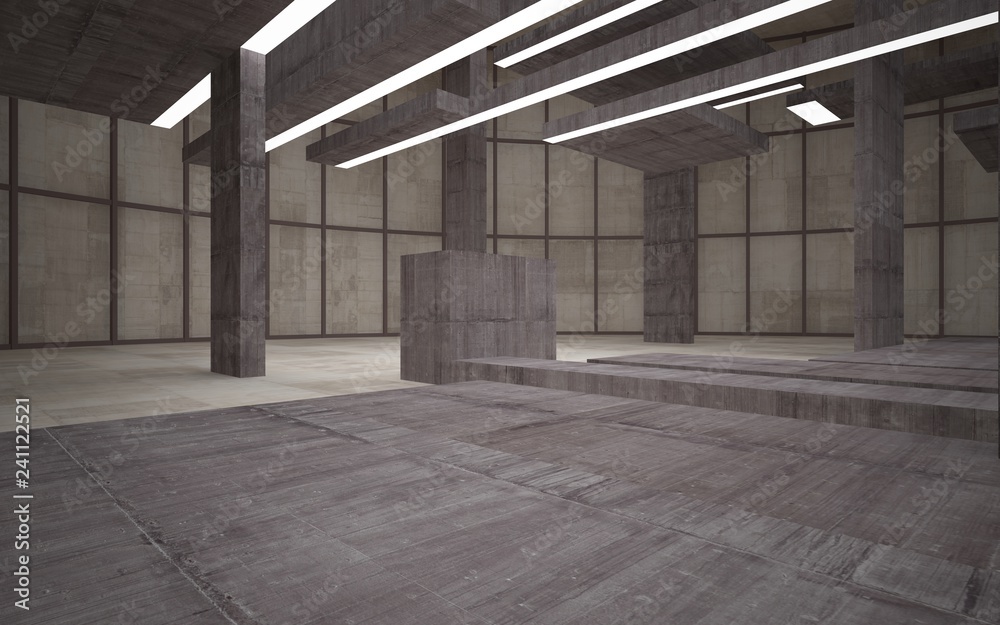 Abstract white and brown concrete parametric interior  with window. 3D illustration and rendering.