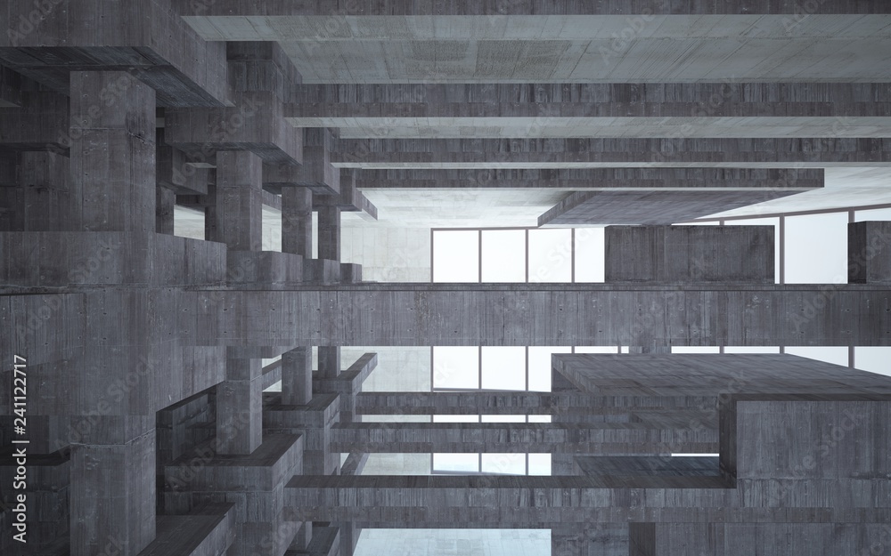 Abstract white and brown concrete interior multilevel public space with window. 3D illustration and rendering. Abstract white and brown concrete interior multilevel public space with window. 3D illustration and rendering.
