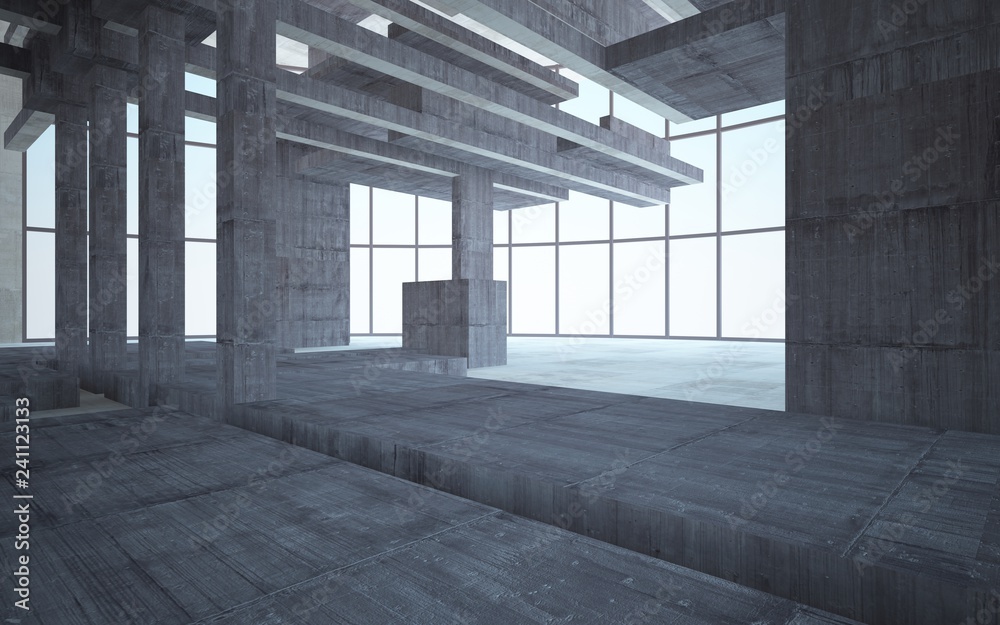 Abstract white and brown concrete interior multilevel public space with window. 3D illustration and rendering. Abstract white and brown concrete interior multilevel public space with window. 3D illustration and rendering.