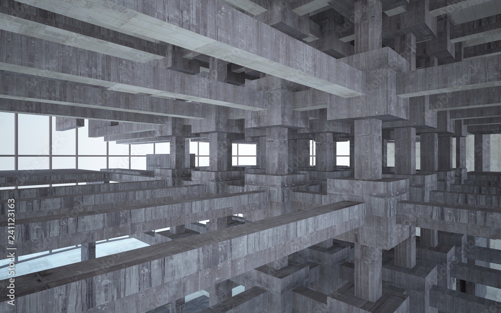 Abstract white and brown concrete interior multilevel public space with window. 3D illustration and rendering. Abstract white and brown concrete interior multilevel public space with window. 3D illustration and rendering.