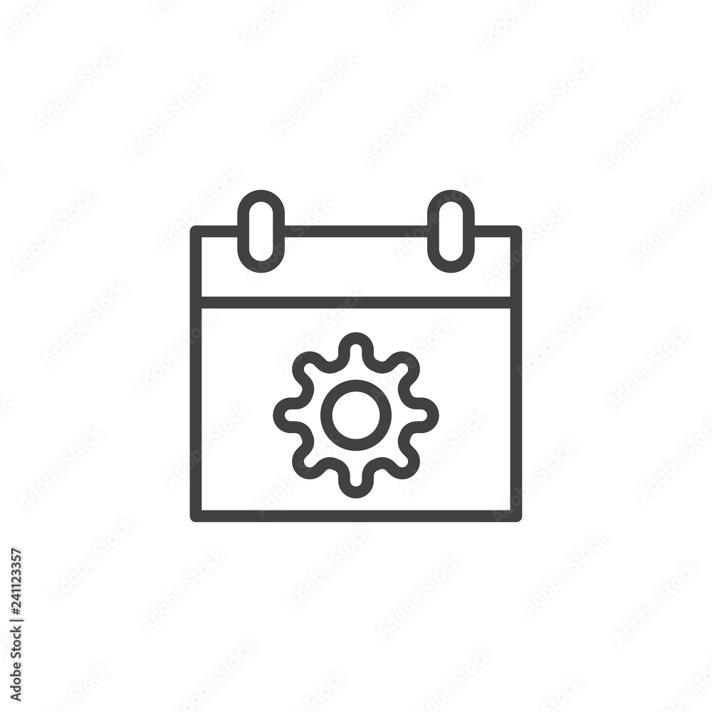 Planning calendar outline icon. linear style sign for mobile concept and web design. Calendar settings gear simple line vector icon. Symbol, logo illustration. Pixel perfect vector graphics Planning calendar outline icon. linear style sign for mobile concept and web design. Calendar settings gear simple line vector icon. Symbol, logo illustration. Pixel perfect vector graphics