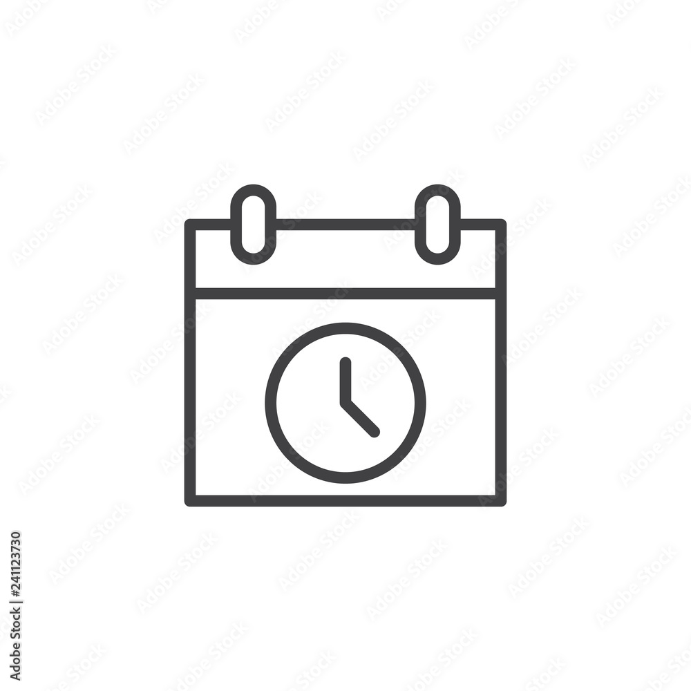 Calendar Date Time outline icon. linear style sign for mobile concept and web design. Calendar with clock simple line vector icon. Symbol, logo illustration. Pixel perfect vector graphics Calendar Date Time outline icon. linear style sign for mobile concept and web design. Calendar with clock simple line vector icon. Symbol, logo illustration. Pixel perfect vector graphics