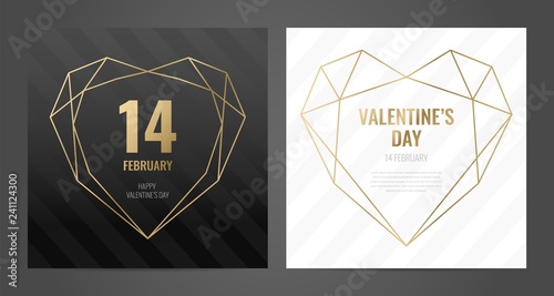 Luxury Valentines Day poster template with gold frame and black background. Invitation template. Geometric shape.