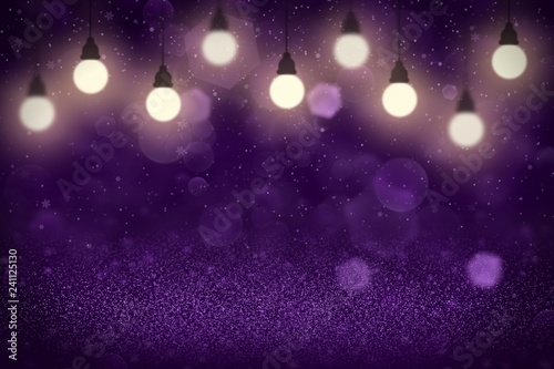 purple pretty shiny glitter lights defocused bokeh abstract background with light bulbs and falling snow flakes fly, celebratory mockup texture with blank space for your content