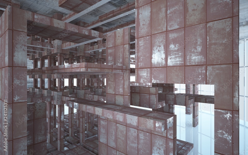 Empty abstract room interior of sheets rusted metal and beige concrete. Architectural background. 3D illustration and rendering Empty abstract room interior of sheets rusted metal and beige concrete. Architectural background. 3D illustration and rendering