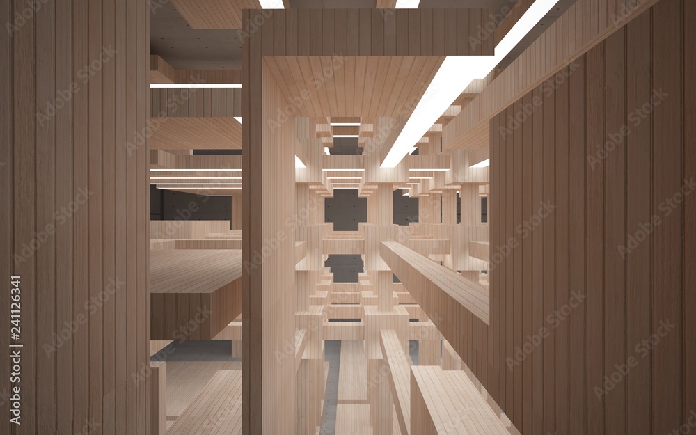 Abstract concrete and wood interior multilevel public space with neon lighting. 3D illustration and rendering. Abstract concrete and wood interior multilevel public space with neon lighting. 3D illustration and rendering.