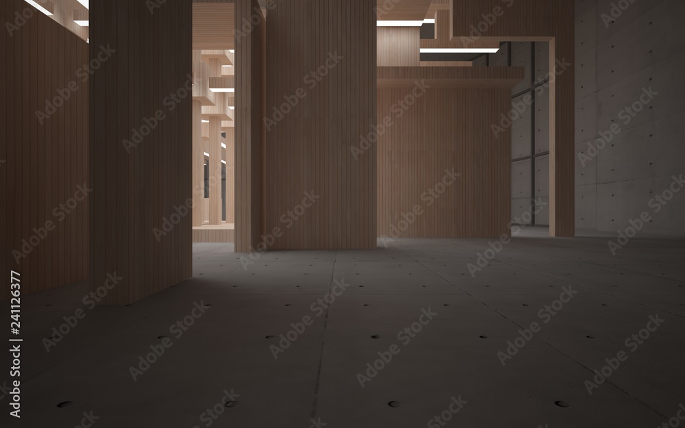 Fototapeta premium Abstract concrete and wood interior multilevel public space with neon lighting. 3D illustration and rendering.