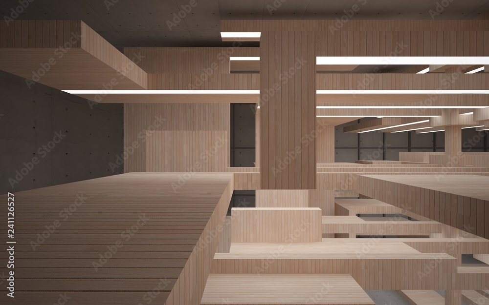 Abstract concrete and wood interior multilevel public space with neon lighting. 3D illustration and rendering. Abstract concrete and wood interior multilevel public space with neon lighting. 3D illustration and rendering.