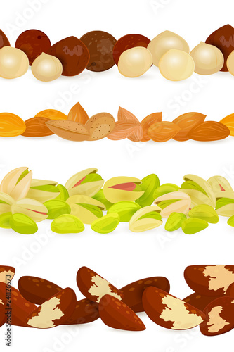 collection of seamless borders with different nuts. almonds,  pi